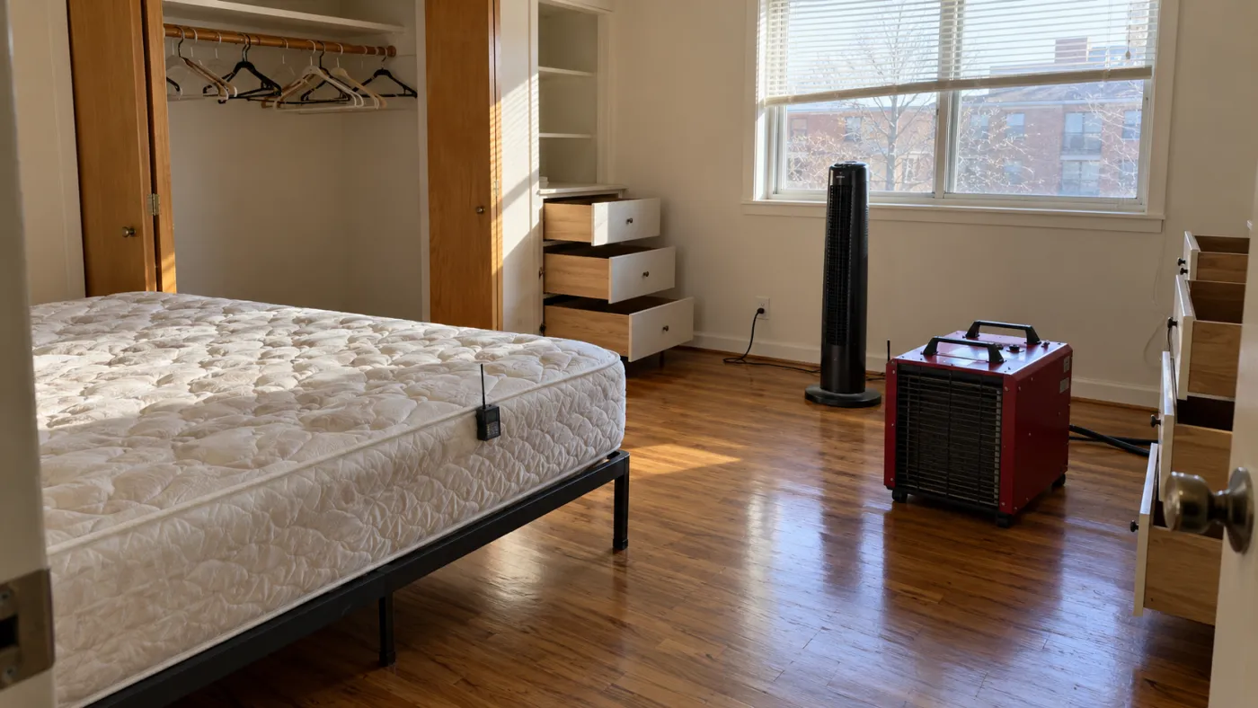Apartment bedroom set up for heat treatment with a heater unit, fan and temperature probe on the mattress edge